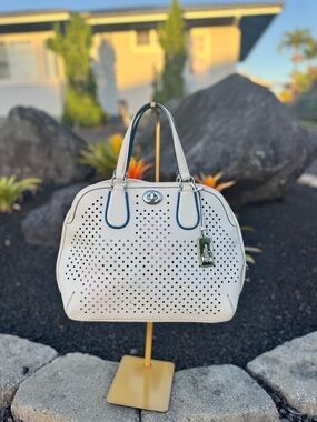 Coach Sample Perforated Leather Dome Satchel White Blue Trim Crossbody Bag